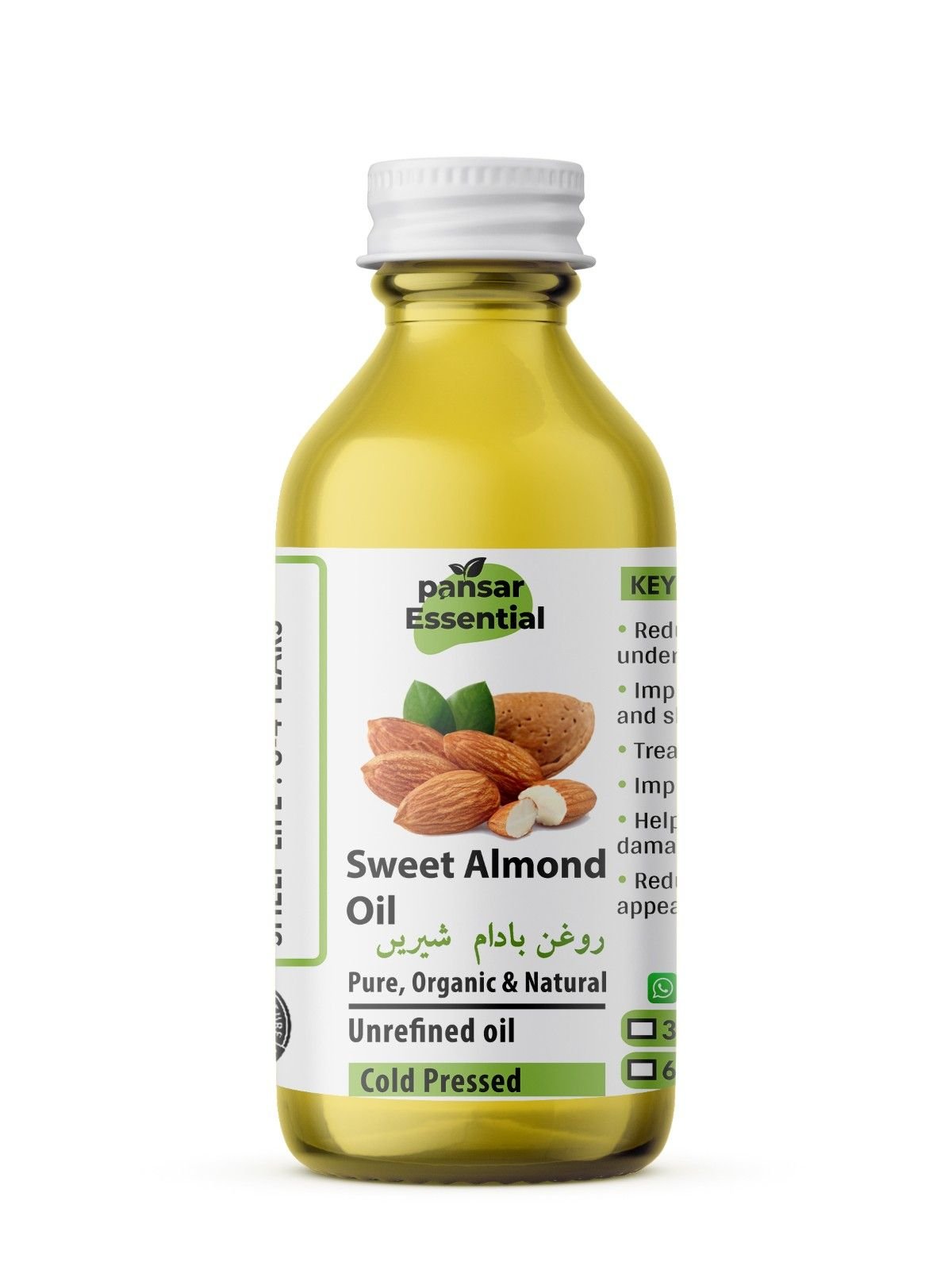 pansar-essential-pure-sweet-almond-oil-cold-pressed.jpg Pansar Essential Pure Almond Oil (Sweet Badam Oil) – 100% Cold Pressed for Dark Circles, Glowing Skin & Hair Growth – Best Price in Pakistan - Image 1